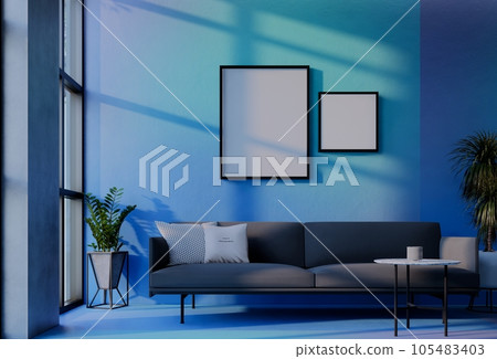 Frame photo mockup with sky blue wall background.  Render Illustration 105483403