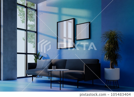 Frame photo mockup with sky blue wall background.  Render Illustration 105483404