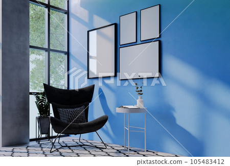 Frame photo mockup with sky blue wall background.  Render Illustration 105483412