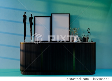 Frame photo mockup with sky blue wall background. Render Illustration Frame photo mockup with sky blue wall background. Render Illustration 105483438
