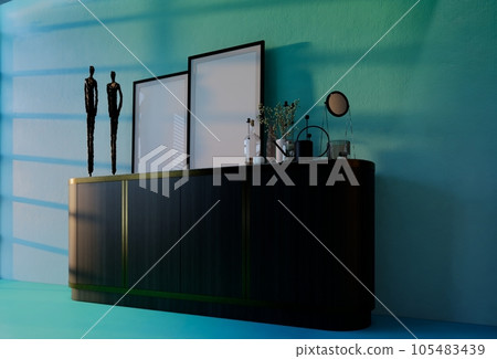 Frame photo mockup with sky blue wall background. Render Illustration Frame photo mockup with sky blue wall background. Render Illustration 105483439