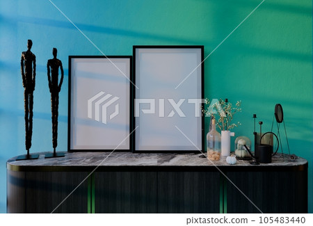 Frame photo mockup with sky blue wall background. Render Illustration Frame photo mockup with sky blue wall background. Render Illustration 105483440