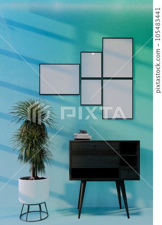 Frame photo mockup with sky blue wall background. Render Illustration Frame photo mockup with sky blue wall background. Render Illustration 105483441