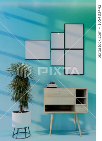 Frame photo mockup with sky blue wall background. Render Illustration Frame photo mockup with sky blue wall background. Render Illustration 105483442