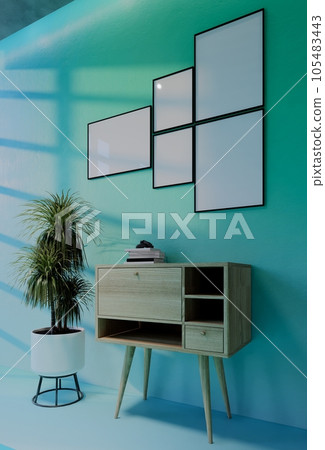 Frame photo mockup with sky blue wall background. Render Illustration Frame photo mockup with sky blue wall background. Render Illustration 105483443