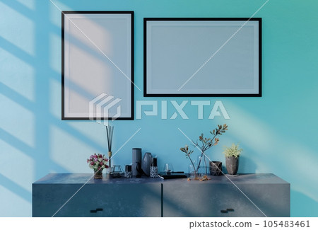 Frame photo mockup with sky blue wall background.  Render Illustration 105483461