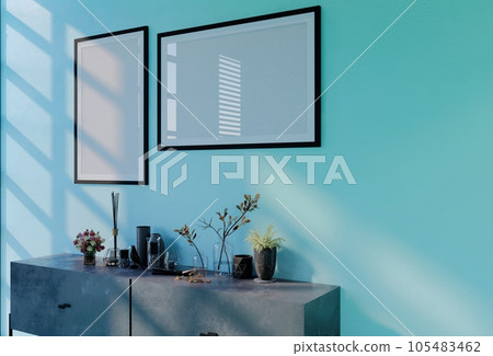 Frame photo mockup with sky blue wall background.  Render Illustration 105483462
