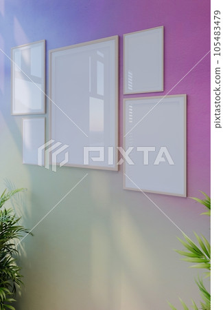 Frame photo mockup with sky blue wall background. Render Illustration Frame photo mockup with sky blue wall background. Render Illustration 105483479