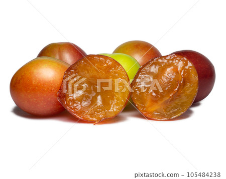 Cherry plum at different stages of maturation. Plums of different colors on a white background. Fruit on the table. Sliced juicy plum. Ingredient for making jam Cherry plum at different stages of maturation. Plums of different colors on a white background. Fruit on the table. Sliced juicy plum. Ingredient for making jam 105484238