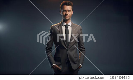 站在黑色背景中的外國商人（生成人工智能） 105484425