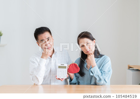 Senior couple with calculator and wallet (retirement, money, savings) 105484519