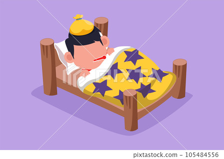 Graphic flat design drawing sick little boy with high fever. Child is sick with flu or coronavirus. Little kid lying in bed feel so bad with fever. Healthcare symbol. Cartoon style vector illustration Graphic flat design drawing sick little boy with high fever. Child is sick with flu or coronavirus. Little kid lying in bed feel so bad with fever. Healthcare symbol. Cartoon style vector illustration 105484556