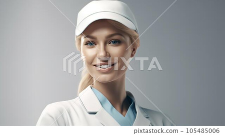 穿著白大褂、戴著帽子工作的白人女性（生成 AI） 105485006