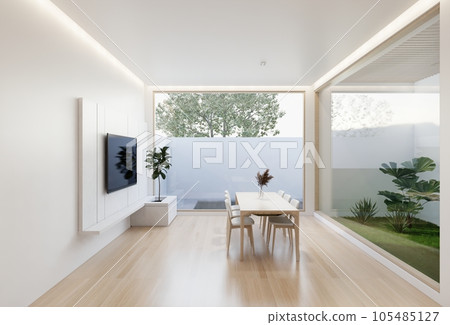 minimal interior of the living room with a white base tone. 3D illustration render 105485127