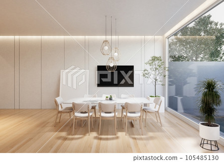 minimal interior of the living room with a white base tone. 3D illustration render minimal interior of the living room with a white base tone. 3D illustration render 105485130