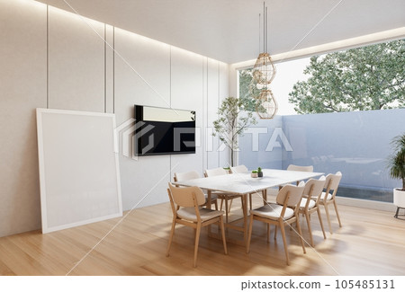 minimal interior of the living room with a white base tone. 3D illustration render minimal interior of the living room with a white base tone. 3D illustration render 105485131