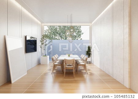 minimal interior of the living room with a white base tone. 3D illustration render minimal interior of the living room with a white base tone. 3D illustration render 105485132