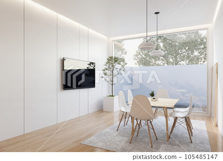 minimal interior of the living room with a white base tone. 3D illustration render 105485147