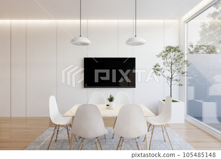 minimal interior of the living room with a white base tone. 3D illustration render 105485148