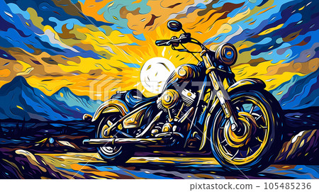 手绘卡通唯美的艺术感摩托车插画 105485236