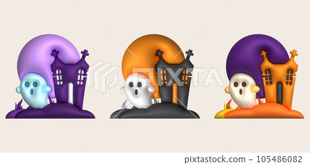 3D illustration. Halloween castle. with a tombstone and a cute little ghost full moon 105486082