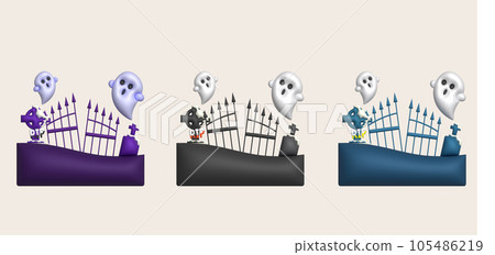 3D illustration. Halloween abandoned house. with graves and cute little ghosts 105486219