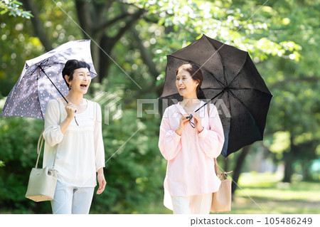 撐著陽傘行走的中年婦女 105486249