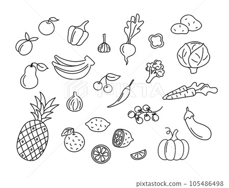 Fruits and vegetables vector doodles set. Raw food elements isolated black on white background. Hand drawn outline illustration of pineapple, bananas, pumpkin and carrots. Hand drawn doodle drawings 105486498