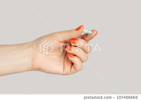 Closeup of woman hand showing herb capsule, nutritional supplement, vitamin pill, herbal medicine. Indoor studio shot isolated on gray background. 105486668