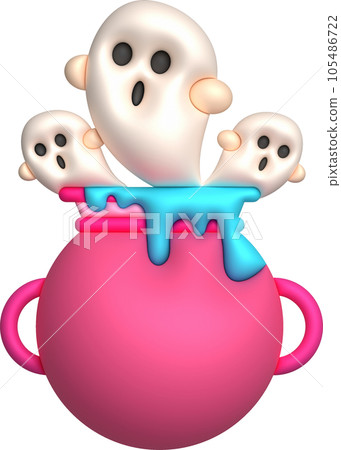 3D illustration. Witch cauldron with bubbles on fire and cute little ghosts coming out for halloween 105486722