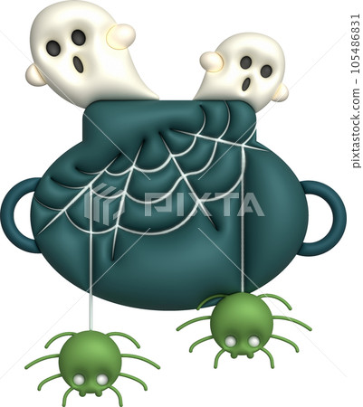 3D illustration. Witch cauldron With bubbles and cobwebs, cute little spiders and ghosts come out for Halloween. 3D illustration. Witch cauldron With bubbles and cobwebs, cute little spiders and ghosts come out for Halloween. 105486831