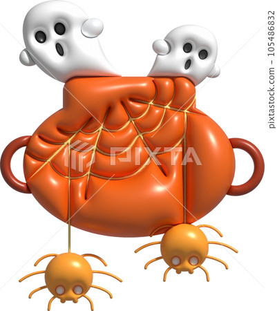 3D illustration. Witch cauldron With bubbles and cobwebs, cute little spiders and ghosts come out for Halloween. 3D illustration. Witch cauldron With bubbles and cobwebs, cute little spiders and ghosts come out for Halloween. 105486832
