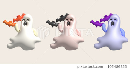 3d illustration. Halloween cute little ghost and bat. 3d illustration. Halloween cute little ghost and bat. 105486833