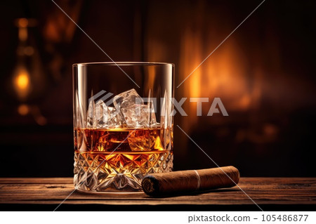Whiskey glass and cigar on wooden table 105486877