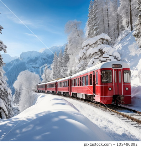 Bernina Express passes through the snowy woods, Switzerland. Generative AI Bernina Express passes through the snowy woods, Switzerland. Generative AI 105486892