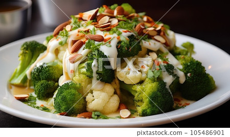Fresh broccoli and cauliflower salad with Tahini dressing on plate Fresh broccoli and cauliflower salad with Tahini dressing on plate 105486901