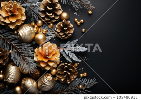 Christmas decoration with pine cones. Christmas background with space for text. Generative AI Christmas decoration with pine cones. Christmas background with space for text. Generative AI 105486915