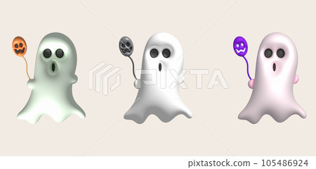 3d illustration. A cute little ghost on Halloween and holding balloons with a scary face. 105486924
