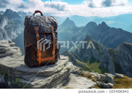 Tourist equipment. Backpack in the mountains, Dolomites. 105486941