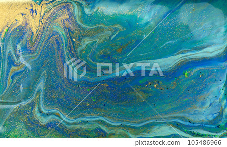 Marbled Blue Abstract Background. Liquid Marble Pattern with Gold Powder. Marbled Blue Abstract Background. Liquid Marble Pattern with Gold Powder. 105486966