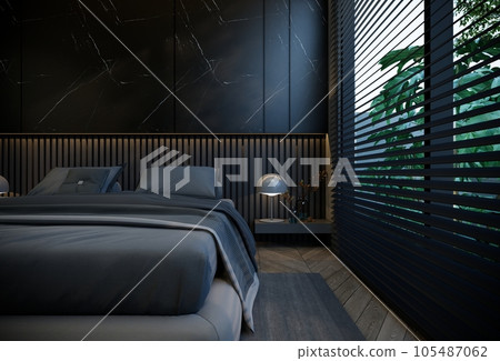 interior of the bedroom is minimal with black base tones. 3D illustration rendering interior of the bedroom is minimal with black base tones. 3D illustration rendering 105487062