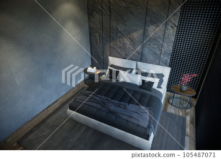 interior of the bedroom is minimal with black base tones. 3D illustration rendering interior of the bedroom is minimal with black base tones. 3D illustration rendering 105487071