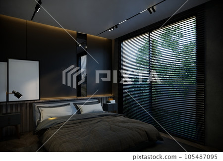 interior of the bedroom is minimal with black base tones. 3D illustration rendering 105487095