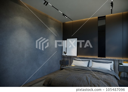 interior of the bedroom is minimal with black base tones. 3D illustration rendering 105487096