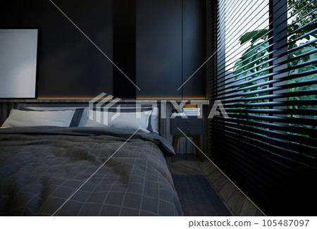interior of the bedroom is minimal with black base tones. 3D illustration rendering 105487097