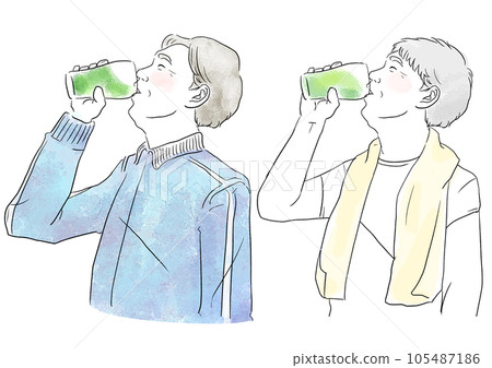 Hand drawn illustration of a man drinking green juice 105487186