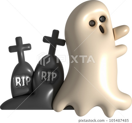 3d illustration. Halloween cute little ghost and grave cemetery. 3d illustration. Halloween cute little ghost and grave cemetery. 105487485