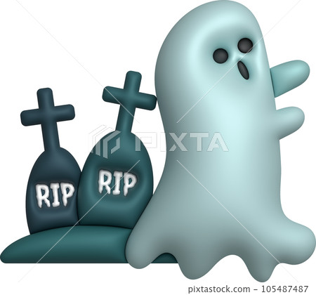 3d illustration. Halloween cute little ghost and grave cemetery. 3d illustration. Halloween cute little ghost and grave cemetery. 105487487
