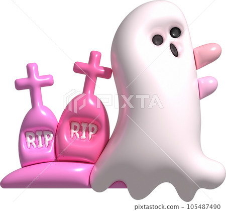 3d illustration. Halloween cute little ghost and grave cemetery. 3d illustration. Halloween cute little ghost and grave cemetery. 105487490