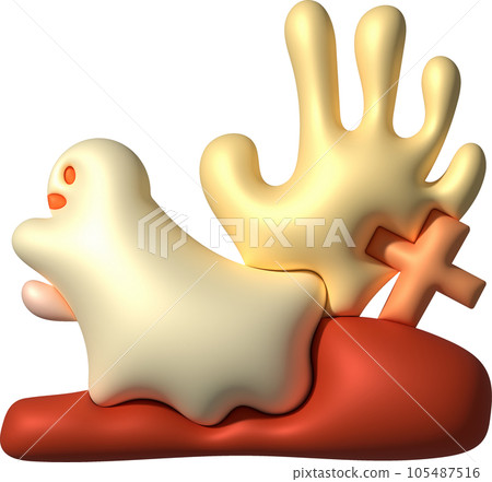 3d illustration. Halloween cute little ghost and grave cemetery. 105487516